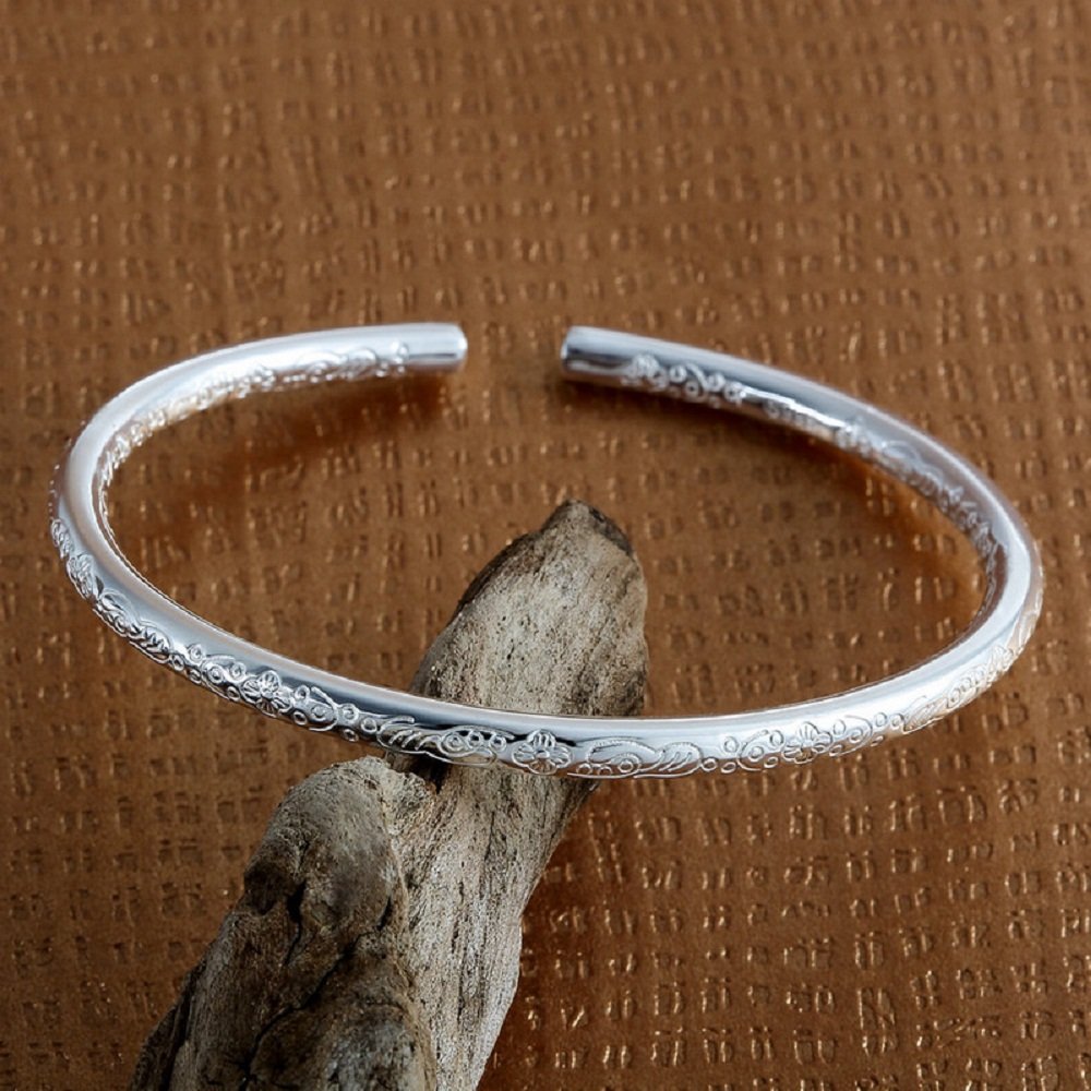 Merdia 999 Solid Sterling Silver Bangle Cuff Bracelets Flower Carved for Women's | Sterling Silver Bracelet | Silver Jewelry | Silver Bracelets for Women | Jewelry for Women