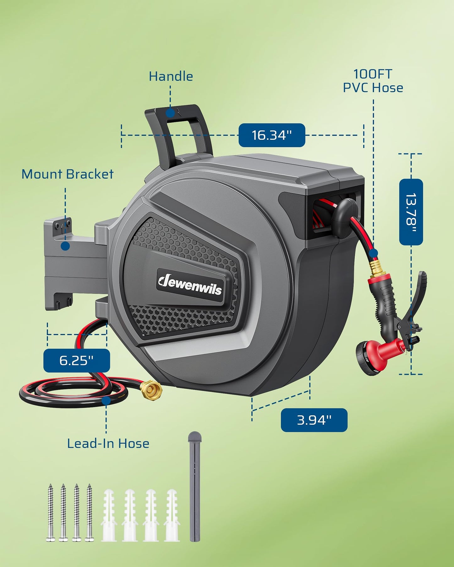 DEWENWILS Retractable Garden Hose Reel, 1/2" Wall Mount Hose Reel, 8-Pattern Nozzles, Any Length Lock, 180° Swivel Bracket, Weatherproof Water Hose Reel for Outdoor Watering, Dark Gray + Black (100FT)