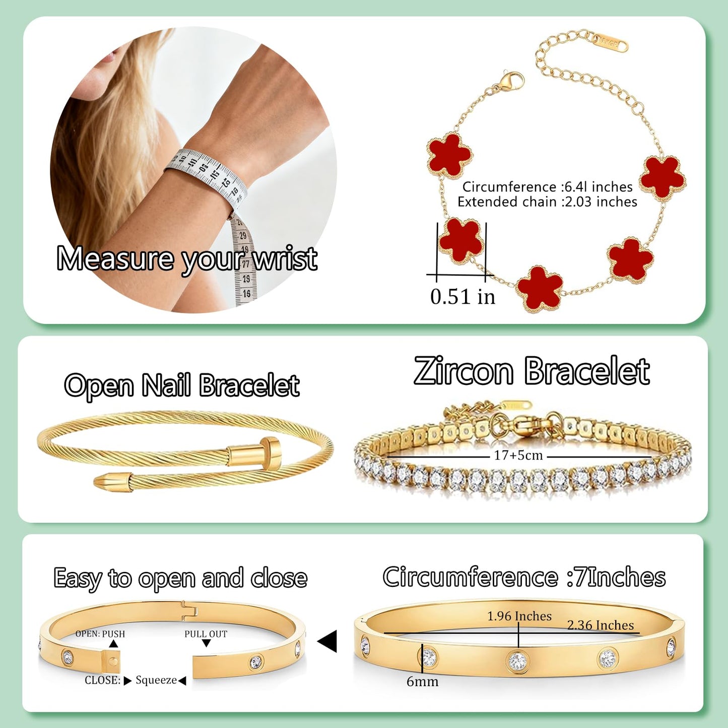 Gold Bracelets for Women, 18K Gold Plated Women Tennis Bracelets Clover Nail Love Bangle Bracelet Set, Gold Bracelet Stackable Set Trendy Jewelry, Gifts for Women's Day and Mother's Day (05-Color-red)