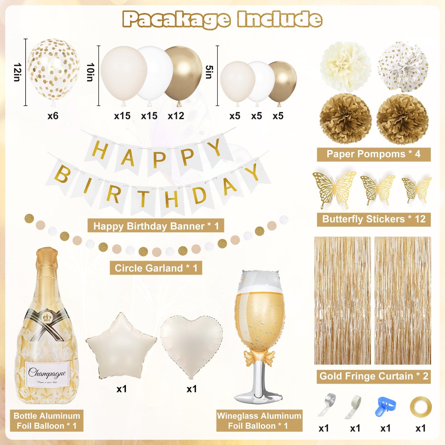 Ouddy Life White Gold Birthday Party Decorations Kit for Women Girls, Happy Birthday Banner, Sand White Metallic Gold Foil Confetti Balloons, Fringe Curtain, Cake Topper, Pompoms, Butterfly Supplies