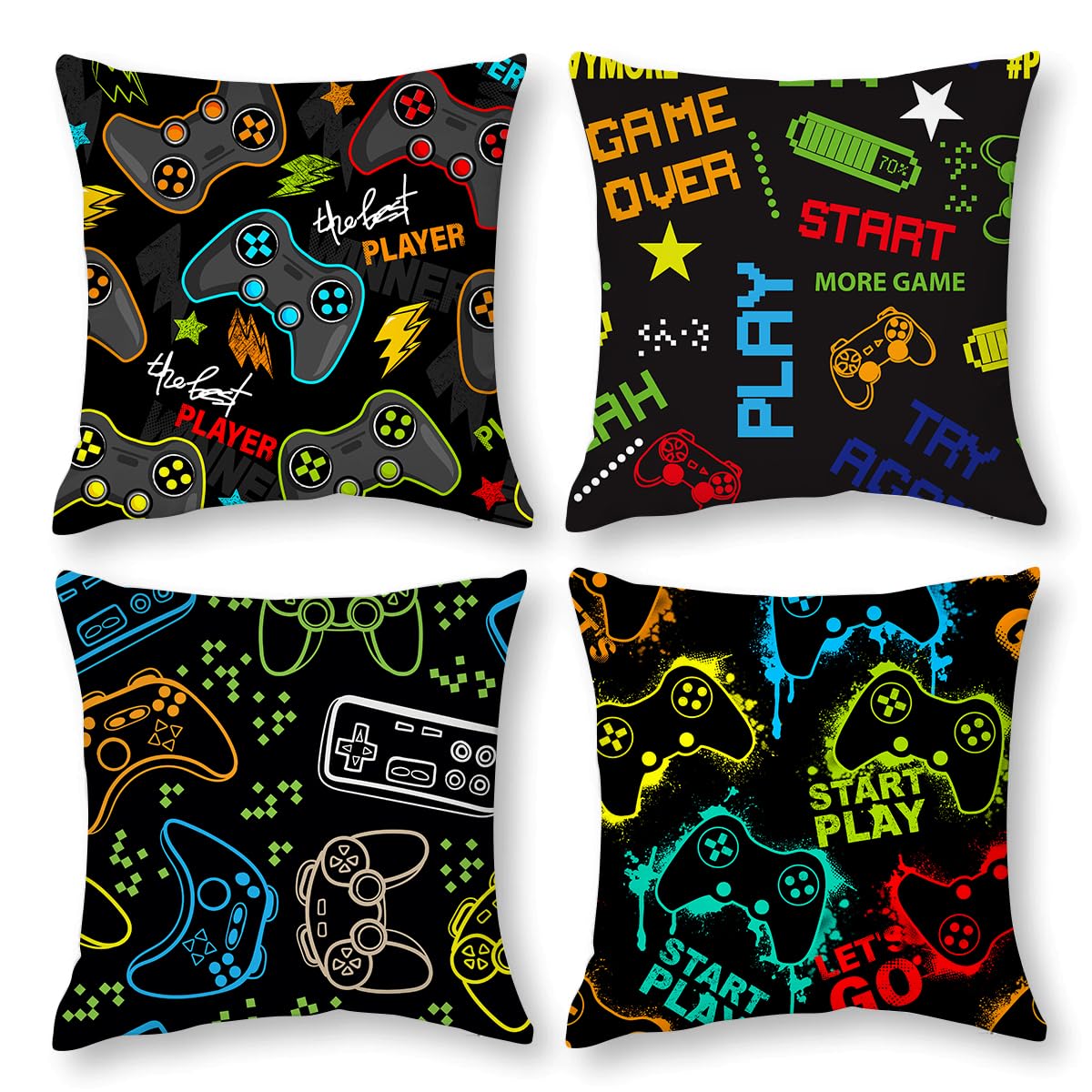 Gamer Room Decor for Boys, Gamer Pillow Covers 18x18 Inch Set of 4, Gaming Gifts, Game Room Decor Accessories for Teen Boy Bedroom Playroom Couch Chair