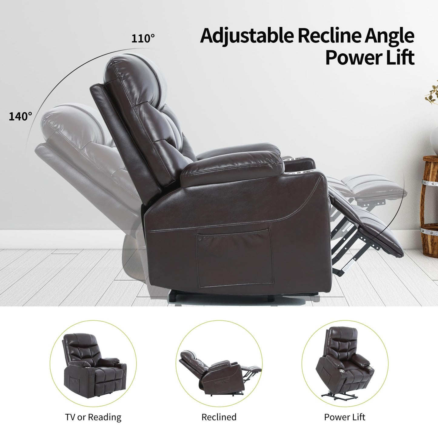 S*MAX Oversized Power Lift Recliner Chair for Elderly X Large with Premium PU Leather Lift Chair Electric Recliner Powered by OKIN Motor Side Pockets USB Charge Port Stainless Cup Holder Brown