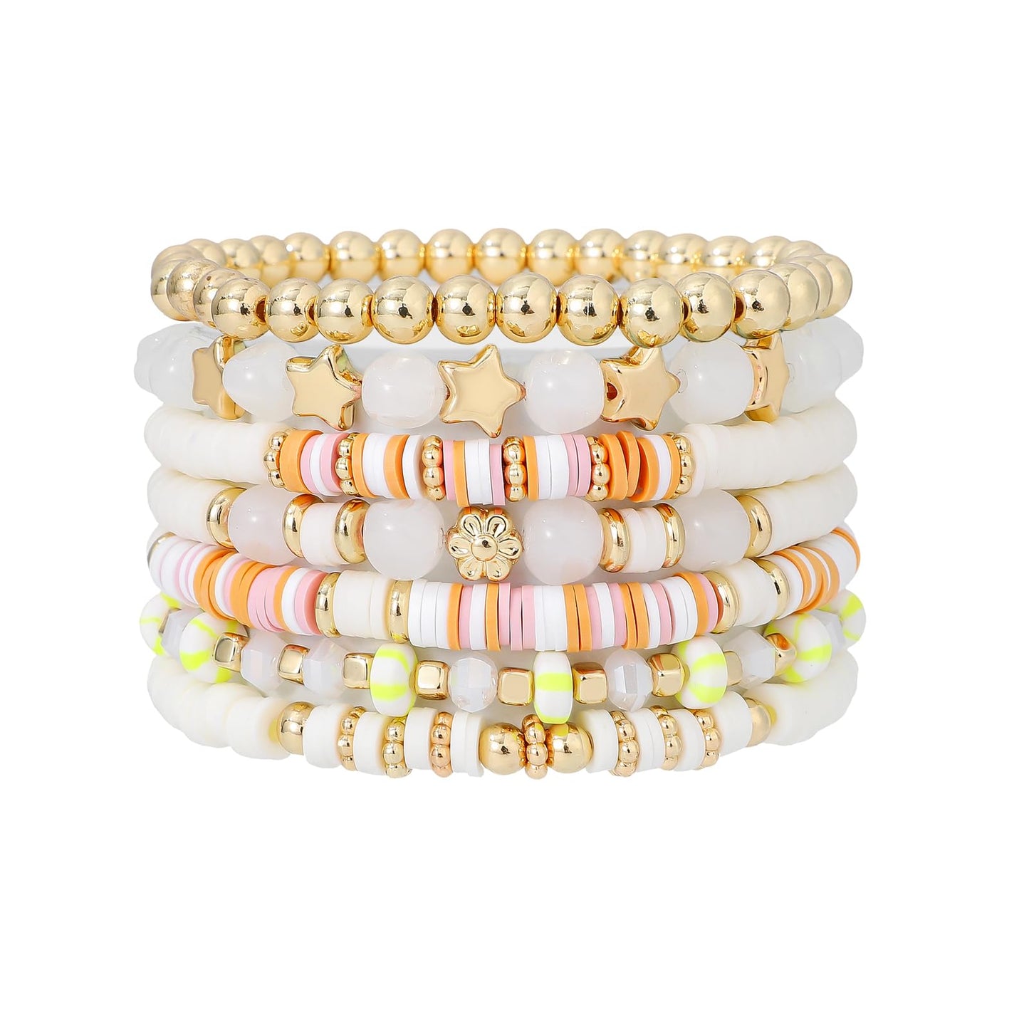 GOOJIDS Surfer Heishi Clay Bead Bracelets for Women Bohemian Stackable Gold Plated Beaded Stretch Bracelets Elastic Layering Friendship Bracelets Set Boho Jewelry