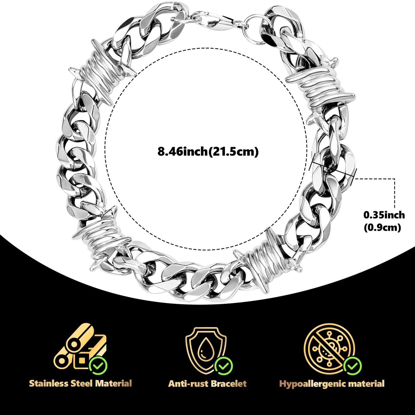 LuxGoth Stainless Steel Barbed Wire Thorns Chunky Cuban Link Chain Bracelet Gothic Punk Rock Biker Vintage Viking Brambles Link Curb Bracelet Jewelry for Men Women Silver GTS-B1B45002