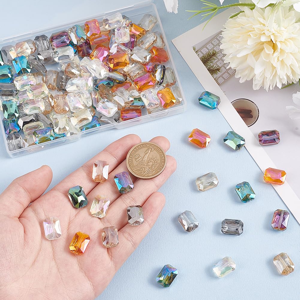 PH PandaHall 120pcs 8 Colors Faceted Glass Beads, 14x10mm Iridescence Flat Beads Rectangle Crystal Bead Large Loose Craft Spacer Bead for DIY Jewelry Bracelet Necklace Earring Keychain Making Crafts