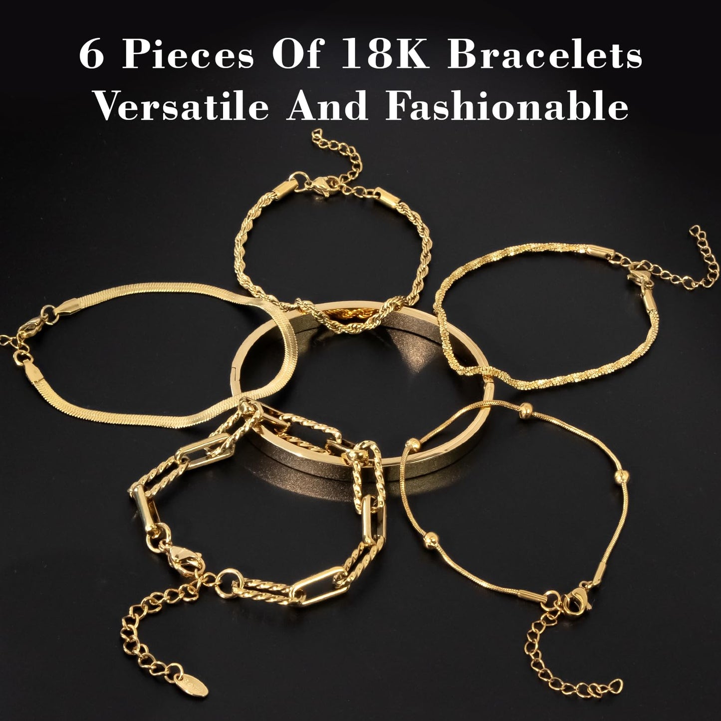 Gold Bracelets for Women, Exquisite 18K and 14K Real Gold-Plated Bracelet Stacking Sets, Waterproof Cuban Chains, Paperclip Chain , Cuff Bangles, Non Tarnish,Jewelry Gifts for Women (18kGOLD 6 SET)