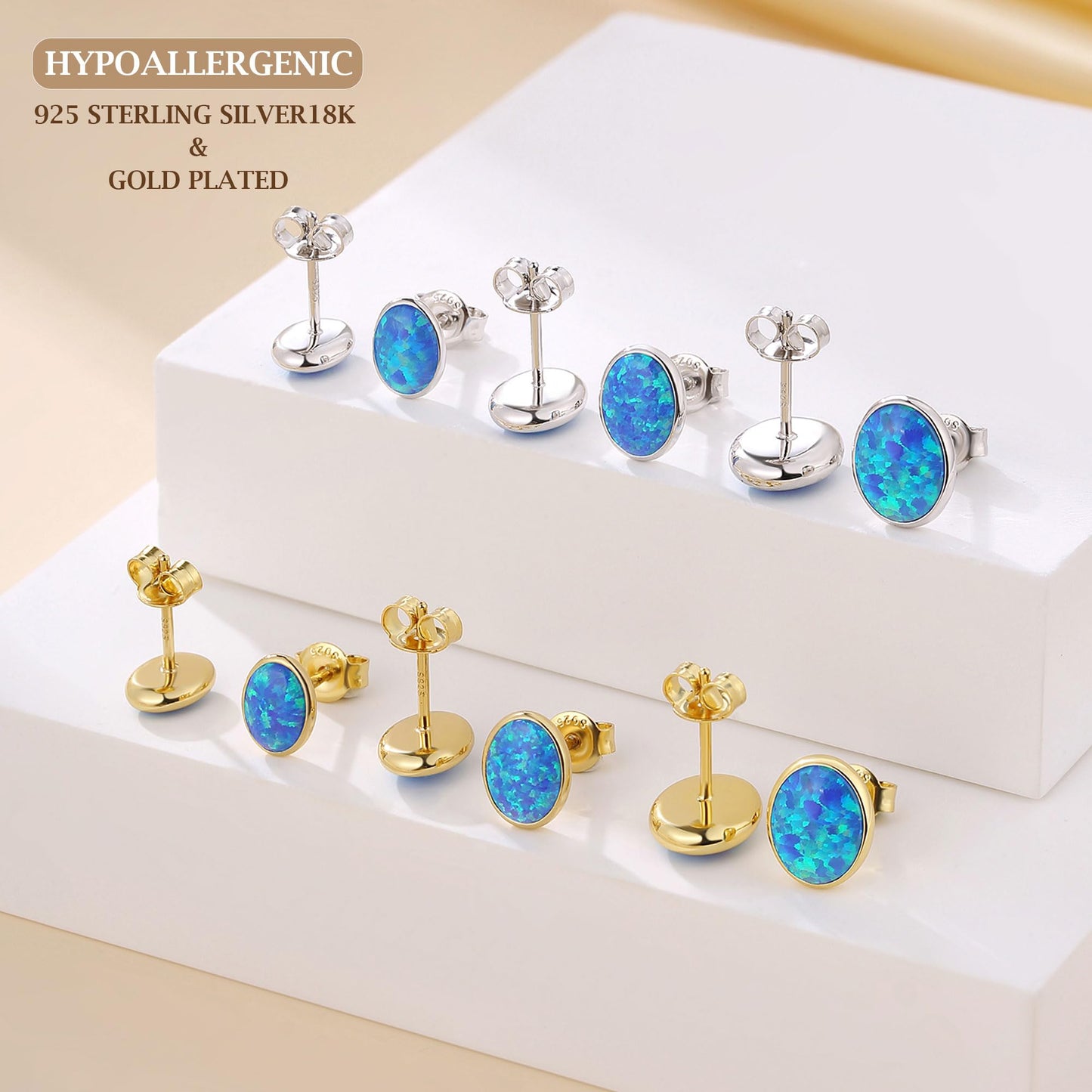 JiayangJY Silver Blue Fire Opal Stud Earrings for Women 18K White Gold Plated Sterling Silver Oval Shape 6mm Opal Earrings with Push Back