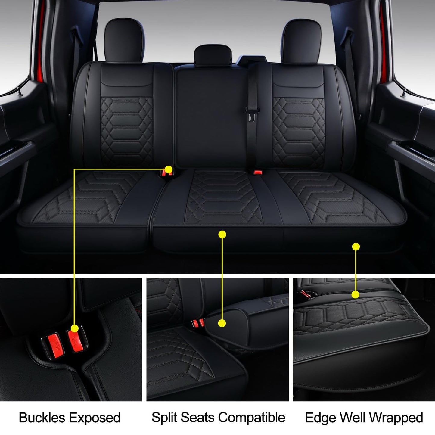 RISINGSTAR F150 Faux Leather Seat Covers, fit for 2015-2025 F150 SuperCrew, and 2017-2025 F250 F350 F450 Super Duty Crew Cab(Full Set, Black)