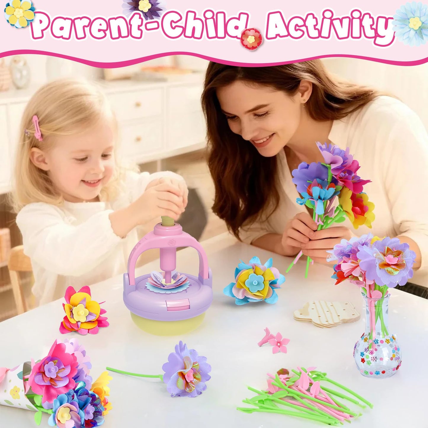 DIY Flowers Craft Kit for Girls, Flower Bouquet Maker Machine with 120 Fabric Petals, 14 Greeting Cards, Gift Wrap, Vase & Storage Bag, Creative Floral Arts and Crafts Toy for Kids Ages 3-12