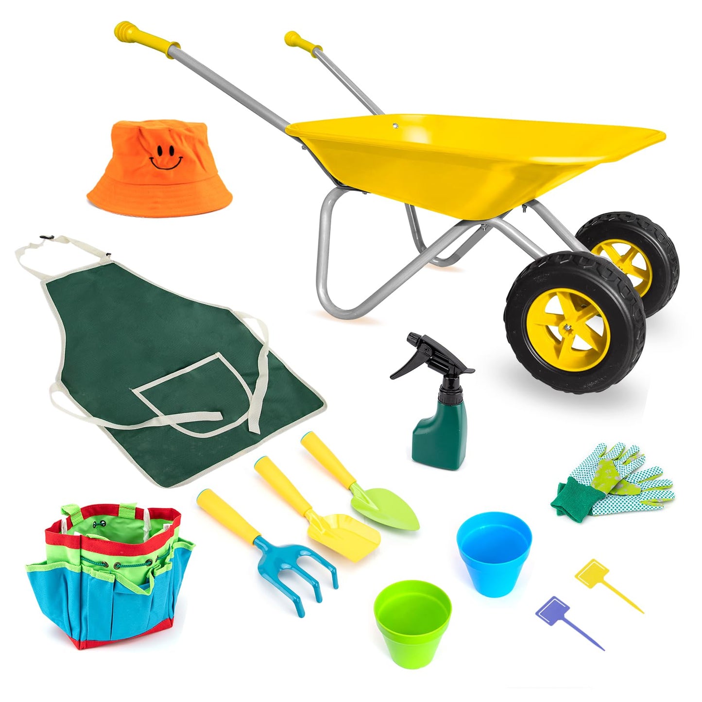 Toddler Wheelbarrow Set with 12 PCS Gardening Tool,Kids Metal Wheelbarrow Outdoor Toy for Kids Wheel Barrel Dig Sand/Dirt,Shovel Snow,Leaves (Yellow Set)