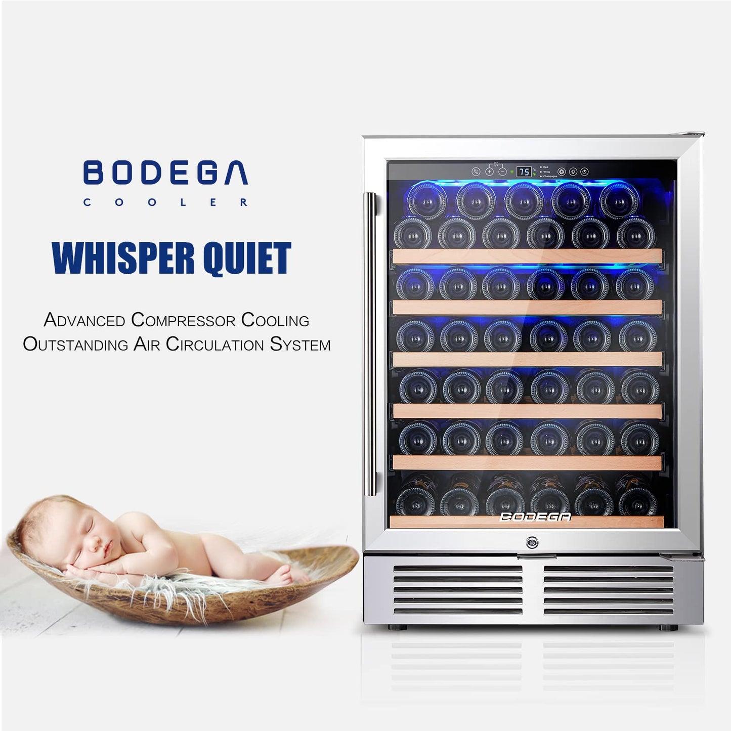 BODEGA Wine Fridge Freestanding, 24 inch Under Counter Wine Refrigerator, Champagne Cooler with App Control, Glass Door, for Kitchen, Bedroom, Home, Office, Holds 52 Bottles