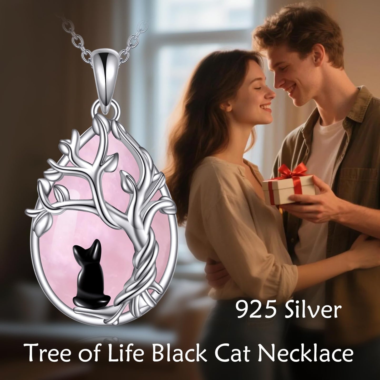POPLYKE Rose Quartz Tree of Life Black Cat Necklace for Women 925 Sterling Silver Family Tree Pendant Jewelry Birthday Gifts