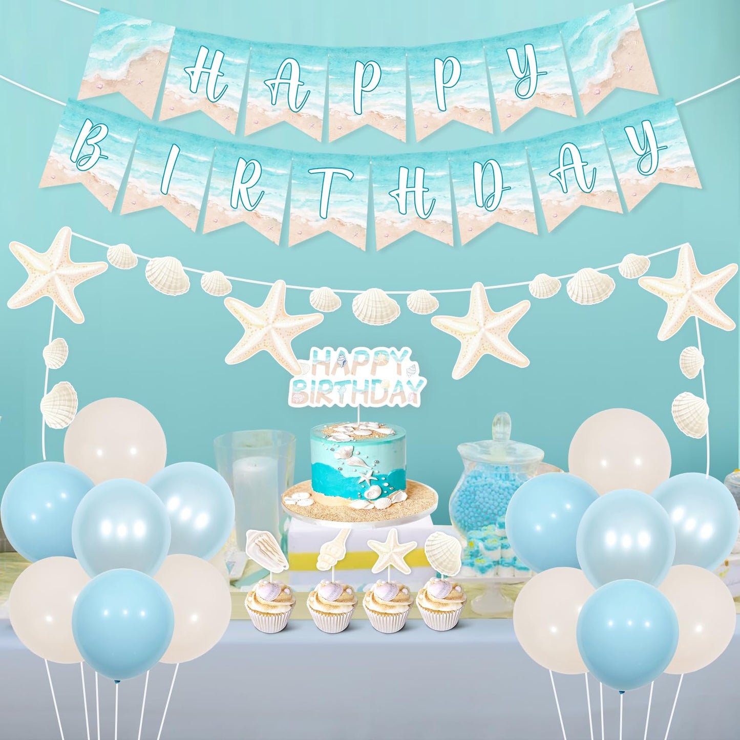 Kreatwow Beach Shell Birthday Decorations Shell Happy Birthday Banner Garland Cake Toppers Summer Seaside Ocean Ocean Waves Party Decors Sea Surf Nautical Coastal Mermaid Birthday Party Supply
