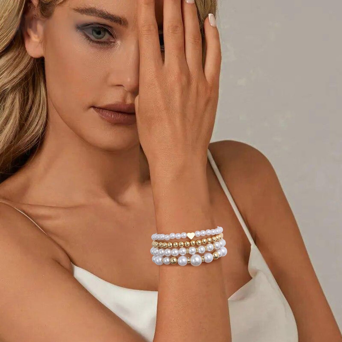 Sajidos Gold Plated Beaded Bracelets for Women Trendy, 14K Gold Plated Stack Cross Pearl Gold Plated Bead Stretch Bracelets Set Elastic Hypoallergenic Bracelets Jewelry Gifts (style11-1)