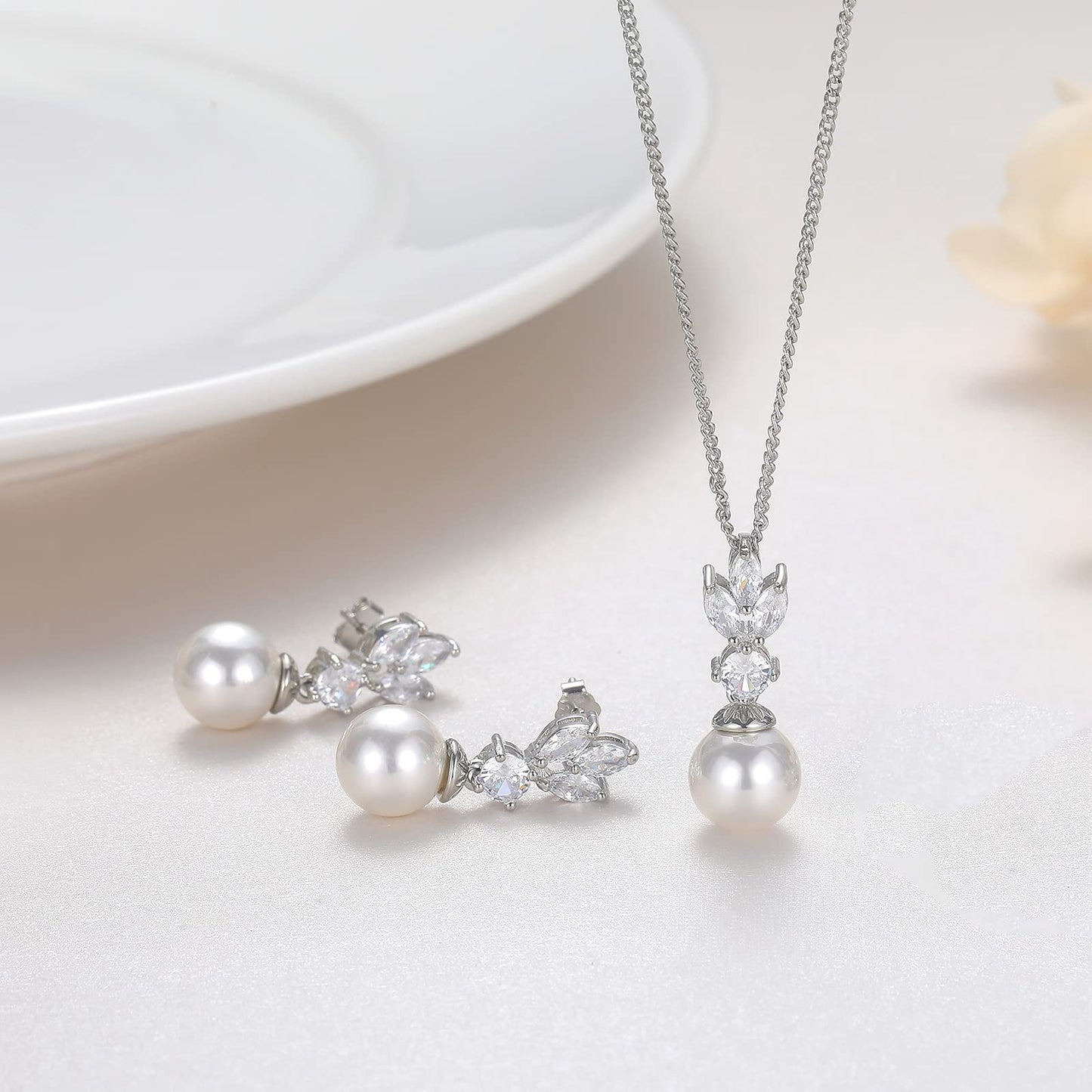 IDASANY Wedding Jewelry for Bride Bridesmaid, Pearl Dangle Earrings and Pendant Necklace Set Bridal Jewelry for Promise Wedding Party, Pack of 2