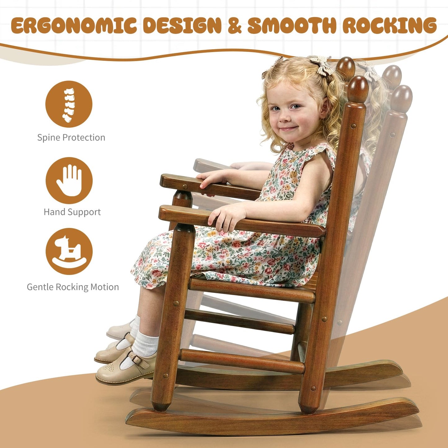 Outvita Kids Rocking Chair, Ergonomic Sturdy Toddler Rocking Chair with High Backrest & Rounded Armrests, Safe Solid Wood Baby Rocker Chair for Age 3-6, Outdoor, Living Room, Reading Room(Brown)