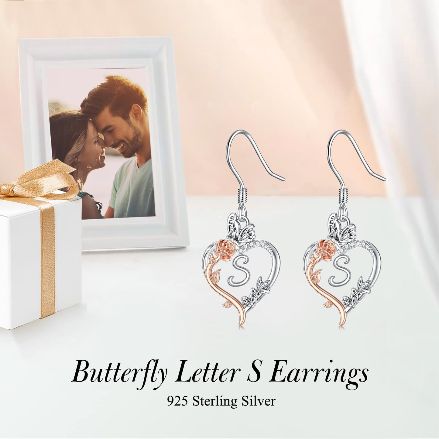 TOUPOP Rose Heart Initial Earrings Sterling Silver Butterfly Earring Initial S Letter Drop Dangle Earrings Jewelry Anniversary Birthday Mothers Day Gifts for Women Mom Wife Girlfriend Her