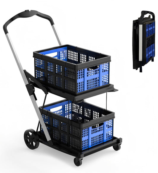 Shopping Cart with 2 Storage Crates, Multi Use Functional Collapsible Carts with 360° Rolling Swivel Wheels Heavy Duty Folding Trolley for Shopping, Picnic and Office