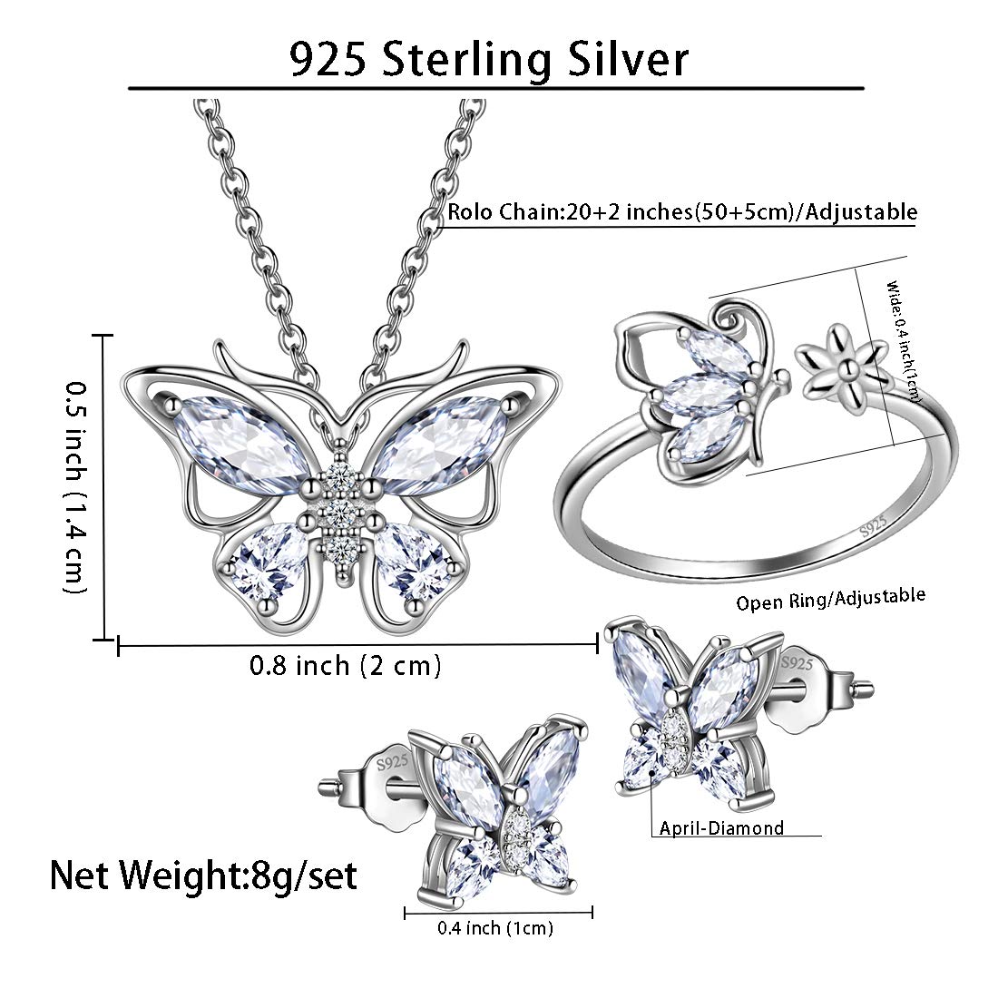 Hipunk Butterfly White Jewelry Sets Birthstone Women 925 Sterling Silver April-Diamond Birth Stone Animal Butterflies Jewelry Sets/Earring/Ring Set Crystal Birthday Jewelry SS0002W