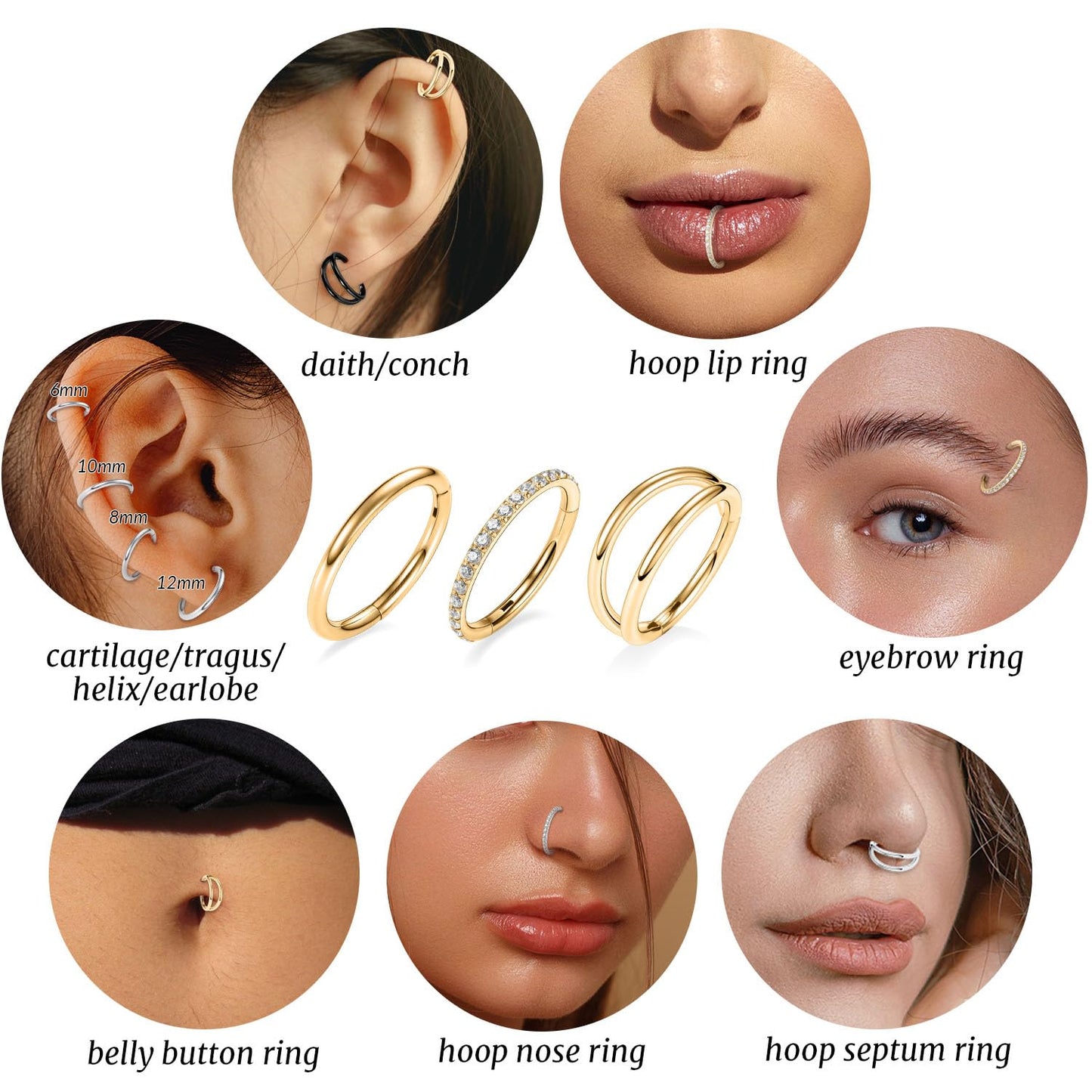 Septum Ring 6mm Septum Jewelry Double Hoop Septum Clicker Gold Conch Piercing Jewelry Nose Ring Hoop 20g Cartilage Earring with CZ Lip Rings Nose Hoop Surgical Steel Helix Earrings Nose Jewelry