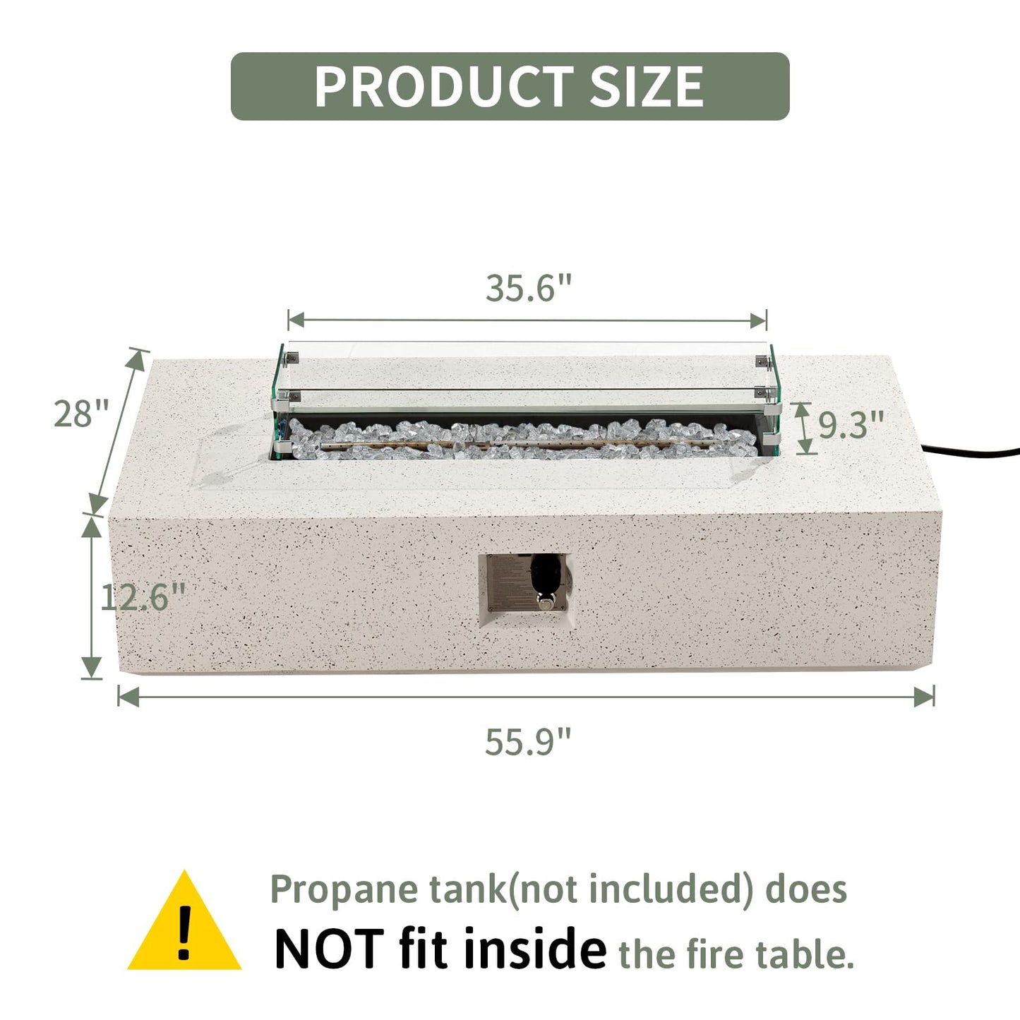 COSIEST Outdoor Propane Fire Pit Table, 56" x 28" Rectangle Terrazzo White Concrete-Like Finish, Certified, 50,000 BTU Stainless Steel Burner w Transparent Gray Fire Glass, Wind Guard, Raincover