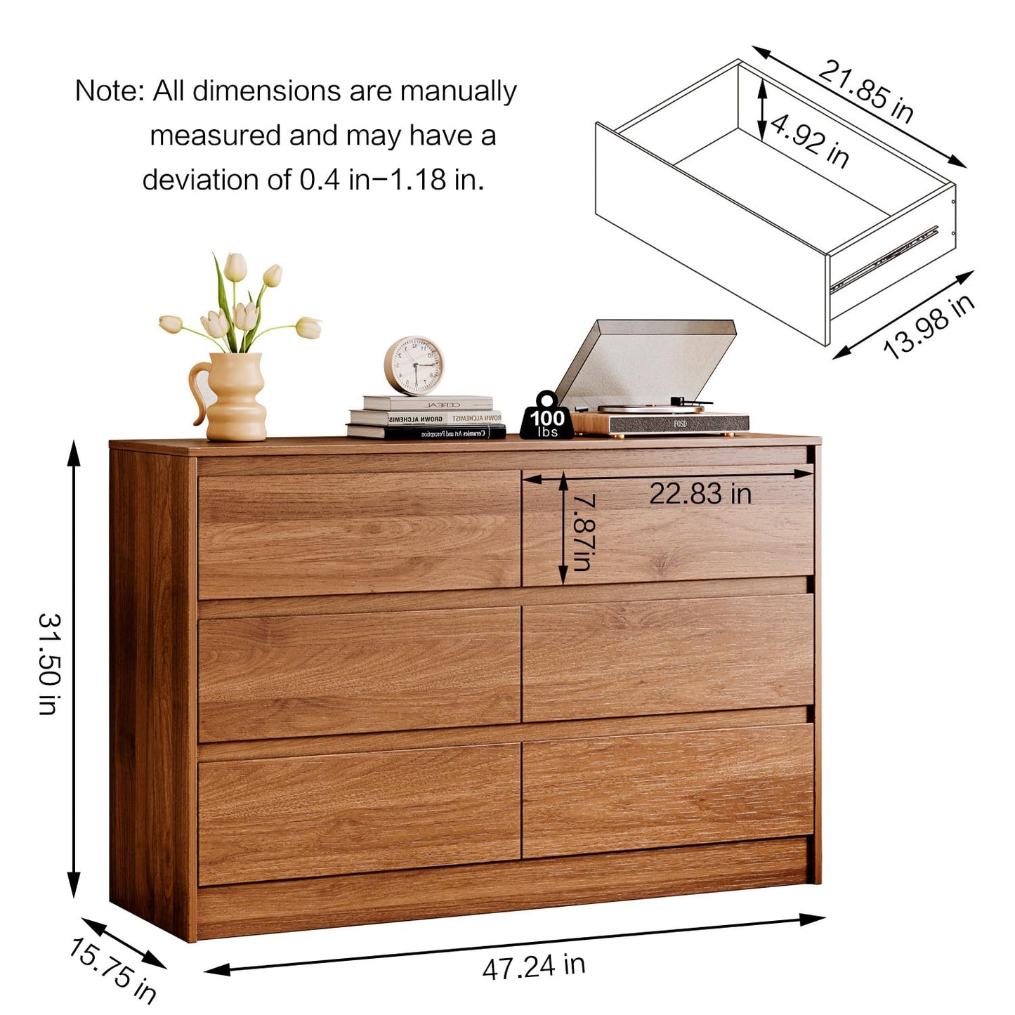 Chrangmay 6 Drawer Dresser,47" Wide Mid Century Chest of Drawers,Wooden Bedroom Drawer Dresser with 6 Storage Drawers for Bedroom,Living Room,with Anti-Tipping Device, Brown