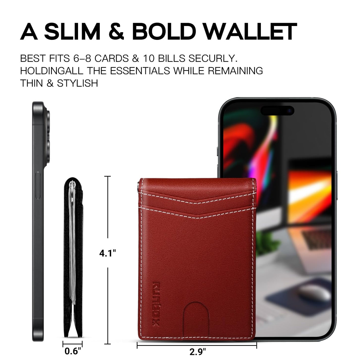 RUNBOX Slim Money Clip Wallets for Men RFID Blocking 8 Card Holder Minimalist Small Thin Carbon Leather Bifold Mens Front Pocket Wallet Gift Box(Vermilion)