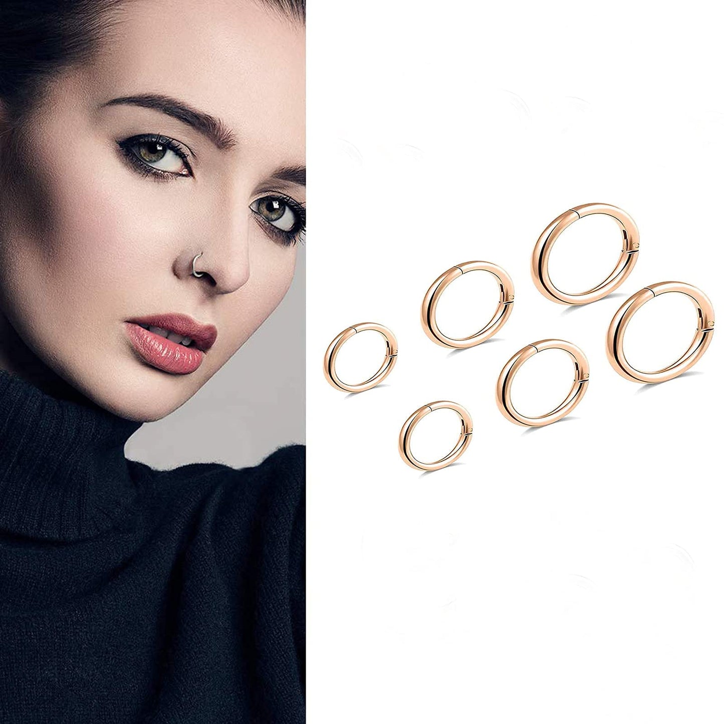 BOGKU 6pcs G23 Titanium Septum Rings Hinged Nose Ring Hoops for Women 16G Cartilage Hoop Earrings Body Piercing Jewelry Lip Rings - Diameter 6mm 8mm 10mm