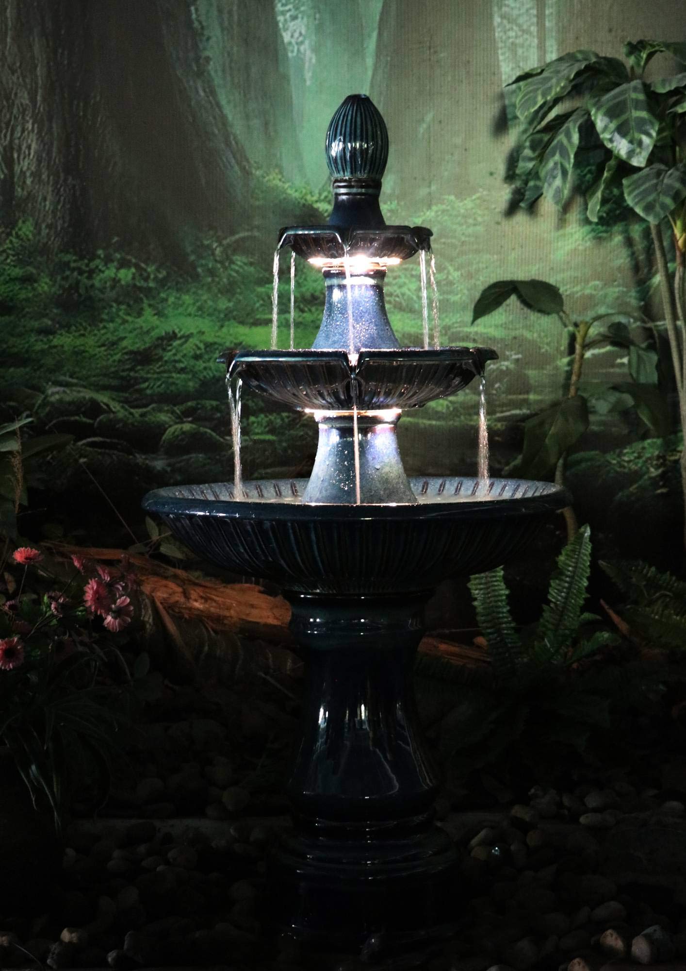 Formentera 46" High Large Italian Indoor Outdoor Decor Teal Blue Ceramic Floor Fountain with Light LED Waterfall 3-Tier Standing Water Feature for Outside Garden Patio Yard Backyard - John Timberland