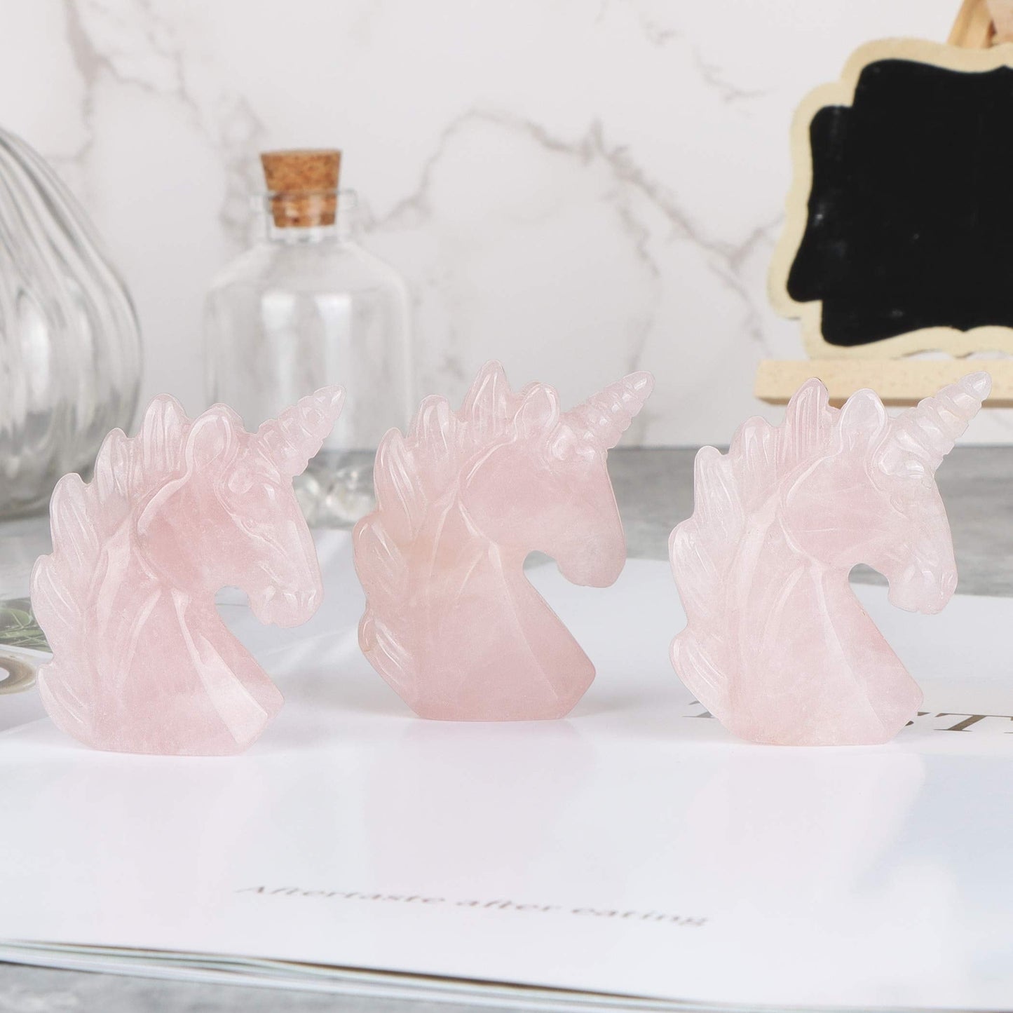 Artistone 2" Rose Quartz Crystal Unicorn Stone Statue Ornament Hand-Carved Healing Crystal Gem Unicorn Figurine Aura Animal Horse Sculpture Desk Decoration Gift Box