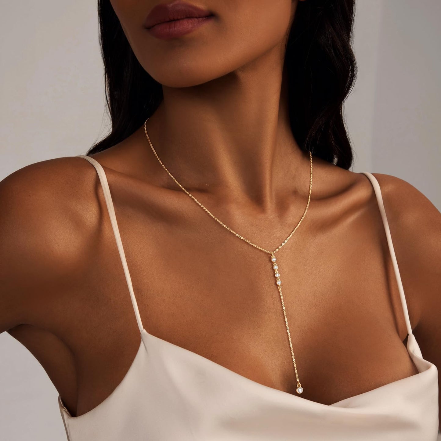 Luxval Long Gold Necklace for Women Trendy Dainty 14k Gold Plated Drop Lariat Necklace Simple CZ Y-Shaped Body Chain Wedding Prom Statement Necklace Jewelry Gifts