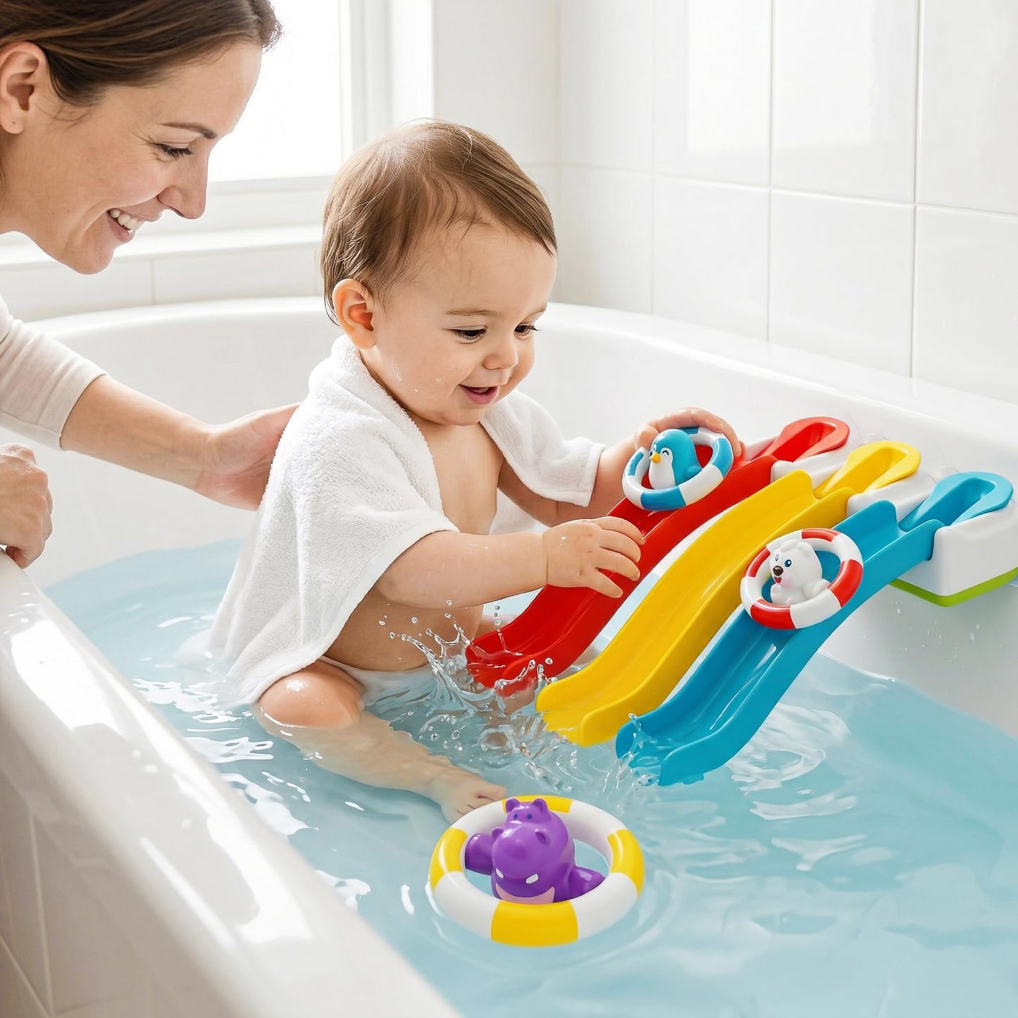 iPlay, iLearn Baby Slide Bath Toys for Toddlers 1-3, Infant Bathtub Shower Toy Set, Fun Bathtime Floating Animals, Kids Bathing Tub Pool Water Playset, Birthday Gift 12 18 Months, 1 2 3 Yrs Boys Girls