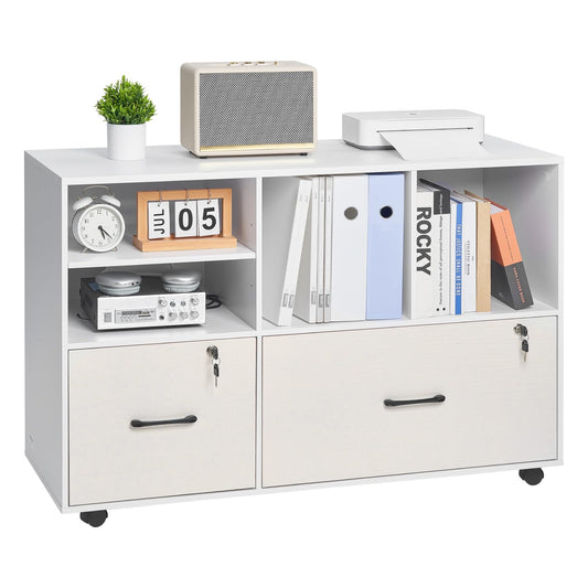 VEVOR 2 Drawer Wooden File Cabinet, Mobile Filing Cabinet with Open Shelves, Lockable Lateral Rolling File Storage with Adjustable Shelves, Free Standing Printer Stand for Home Office School, White