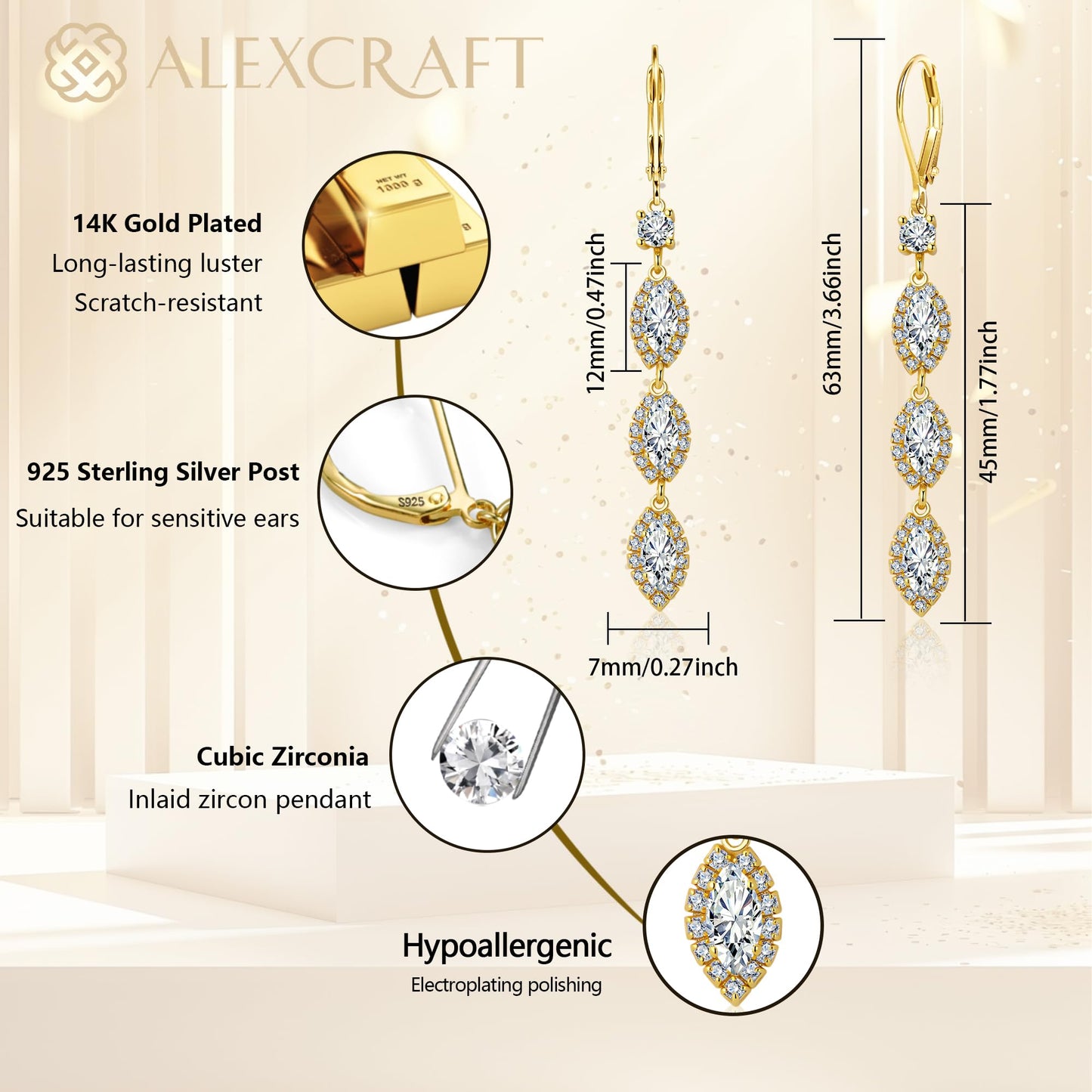 Long Gold Drop Earrings, ALEXCRAFT 14K Gold Zirconia Dangle Leverback Earrings for Women Trendy Hypoallergenic Sterling Silver Lightweight Long Dangling Teardrop Earring Brides Engagement Wedding