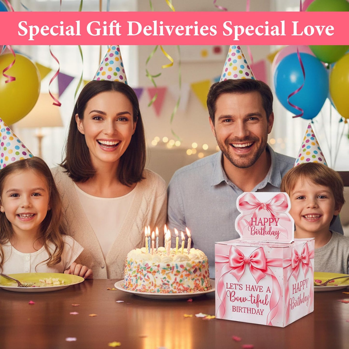 Ajcotahm Birthday Money Pull Box, Pink Bow Birthday Money Gift Box for Cash Birthday Surprise Boxes with 50 Transparent Bags Birthday Party Decorations for Women Girls