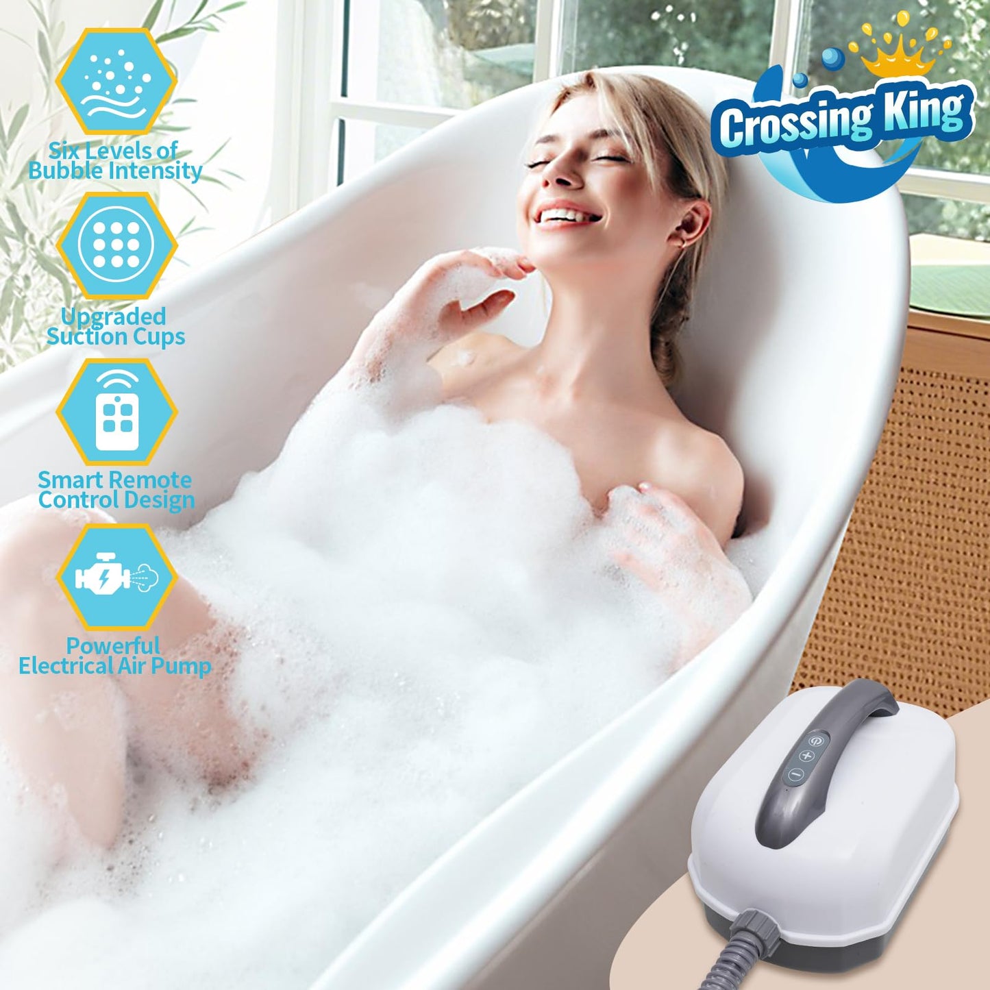 Crossing King Bubble Bath Mat Tub Spa Massager, Portable Spa Bubble Bath Massager with Upgraded Powerful Suction Cup, Electric Air Pump, Pillow and Remote Control for Relaxation 45 * 17in (Grey)