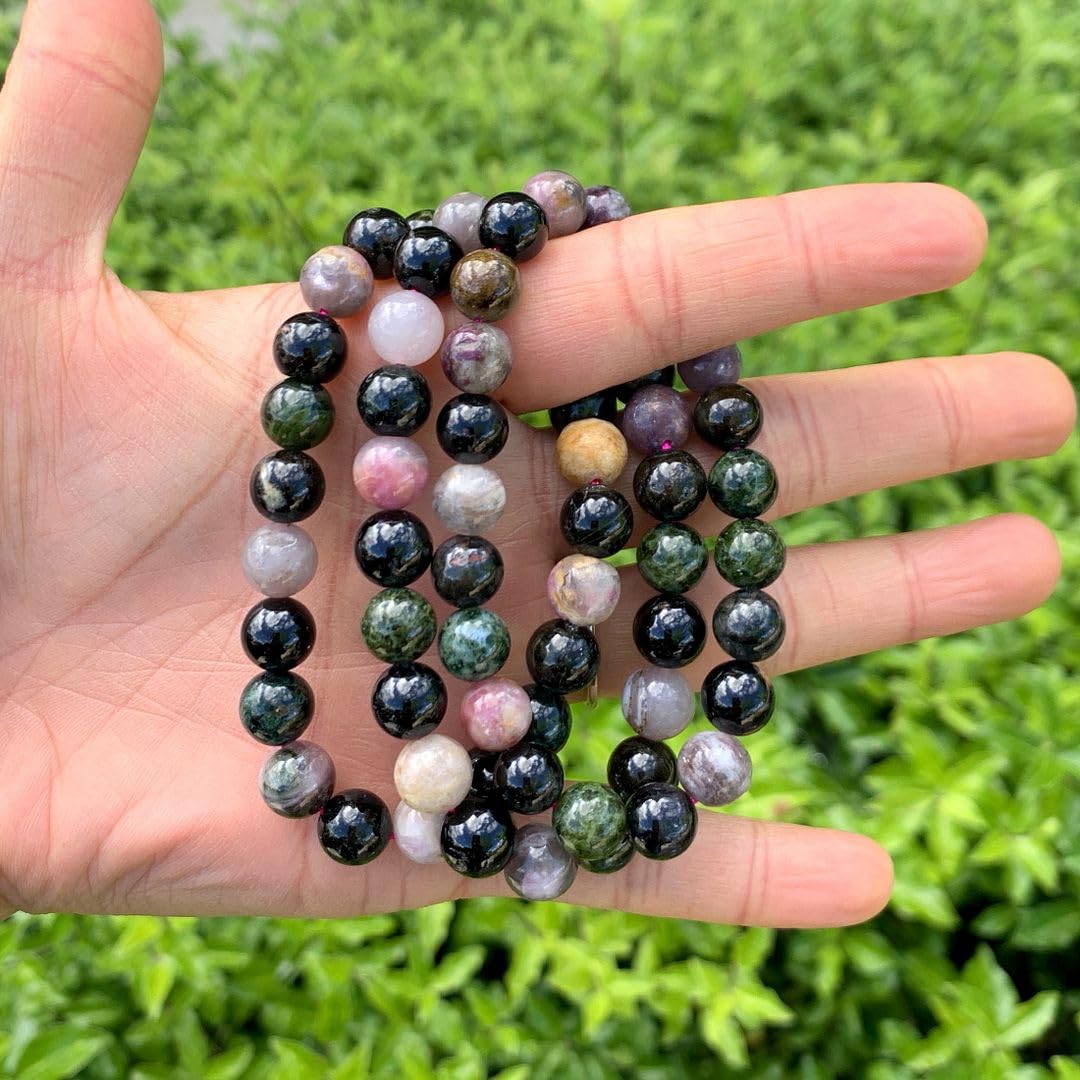 Adabele Real Natural Multi Colors Tourmaline Gemstone Beaded Bracelet 7.5 inch Stretch Chakra Healing Crystal Stone Jewelry Women Mom Gift (Unisex) GB8-B51