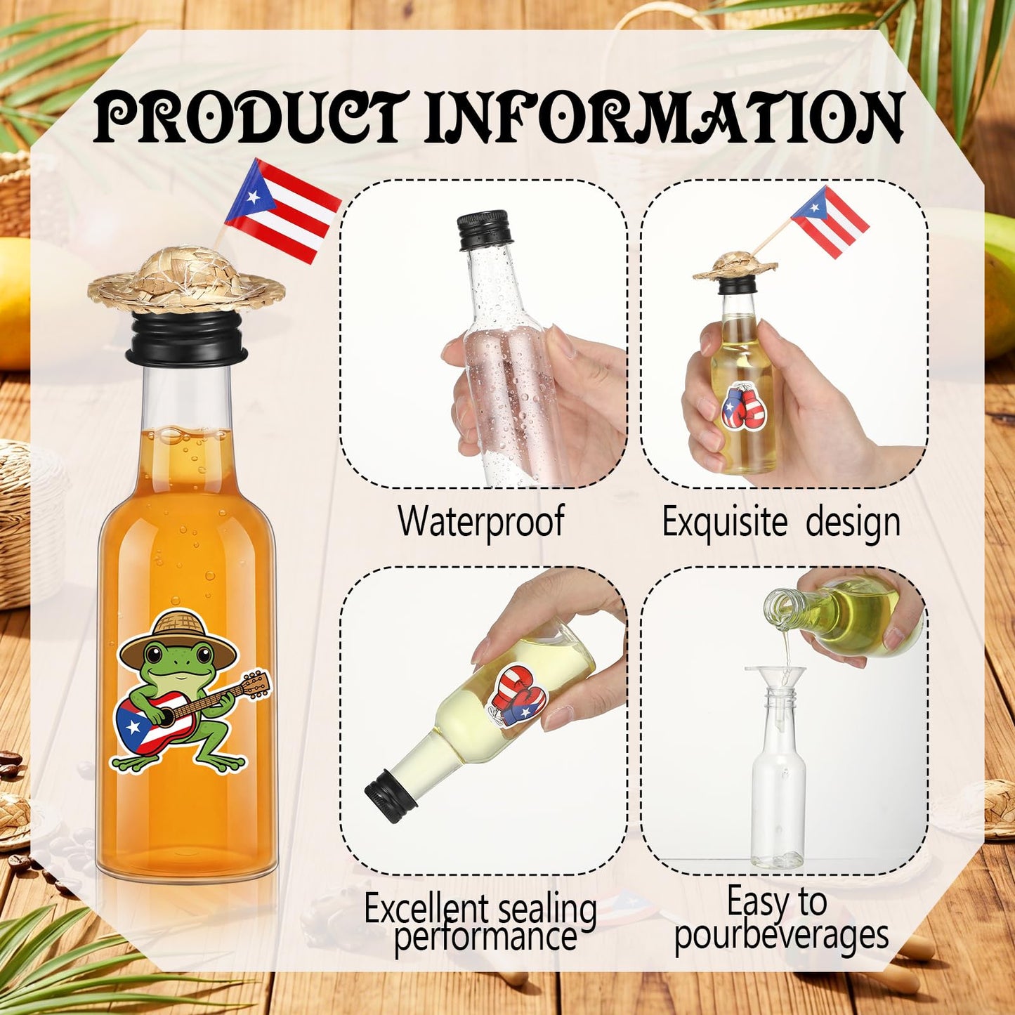 Gandeer 24 Sets Mini Puerto Rico Coquito Swing Top Bottle Plastic Wine Bottles with Airtight Cap Puerto Rico Stickers Mini Hats and Flags Convenient Funnels for Homemade Brewing Beverages Liqueur