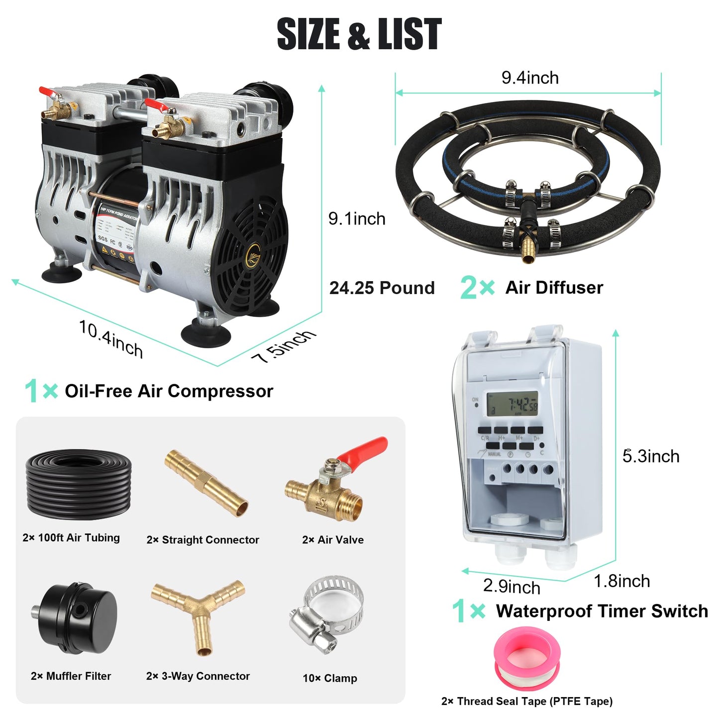 Goldlife Pond Aerator, 1HP 750W 110V/120V 7CFM Aerartion System for Up to 5 Acre Lake, With Air Compressor & 2 100FT Tubings & 2 Diffusers & Timer, for Outdoor Ponds Water Oxygen Circulation