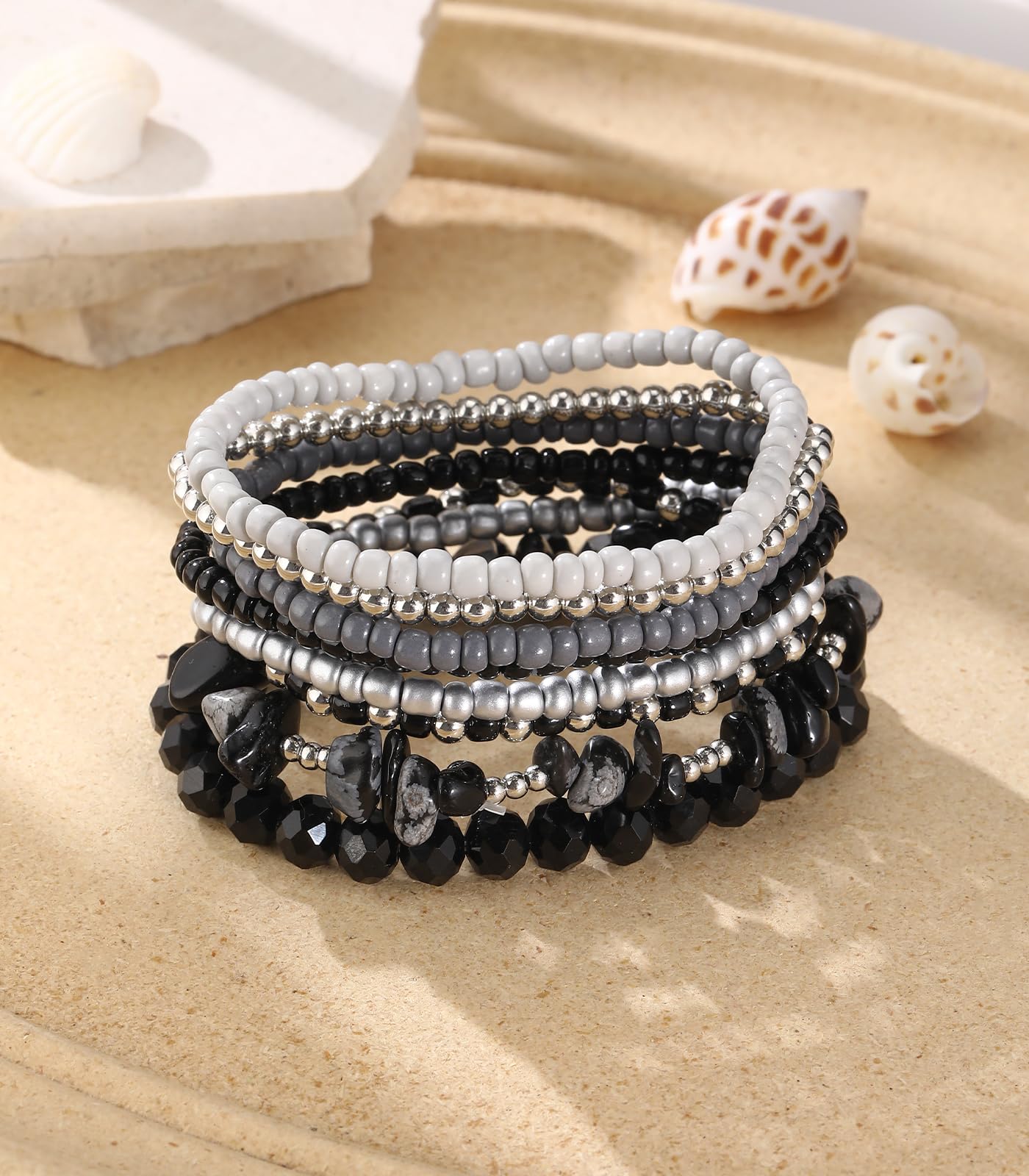 Noessla Boho Beaded Bracelets for Women Stackable Irregular Natural Stone Bead Stretch Bracelet Set 8PCS Costume Jewelry Gifts for Her(Black Grey)