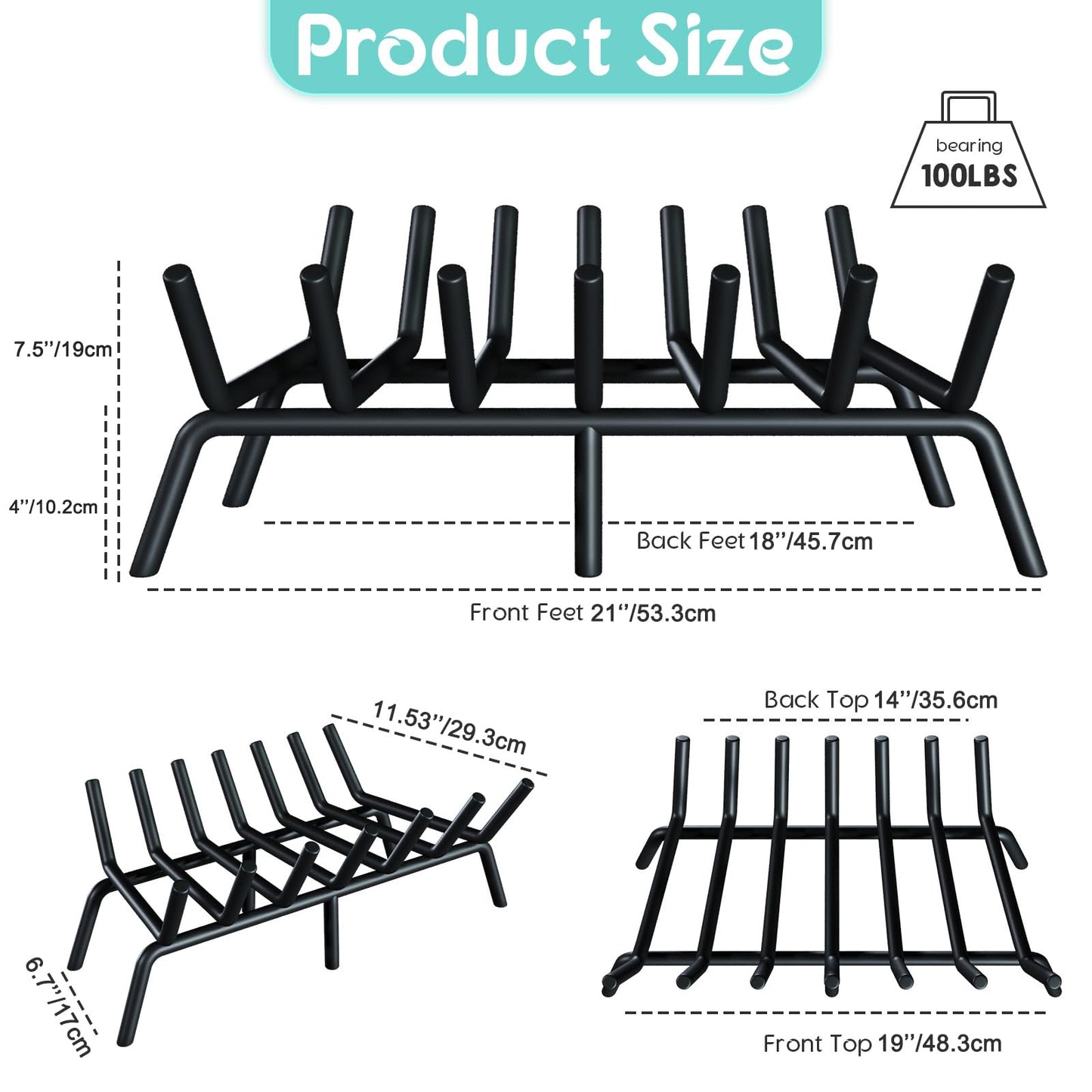 jkxoo 21-Inch Fireplace Grate, Heavy Duty 7-Bar Log Rack Holder Made of Solid Round Steel for Indoor/Outdoor Fire Pits, Wood Stoves & Kindling Tools
