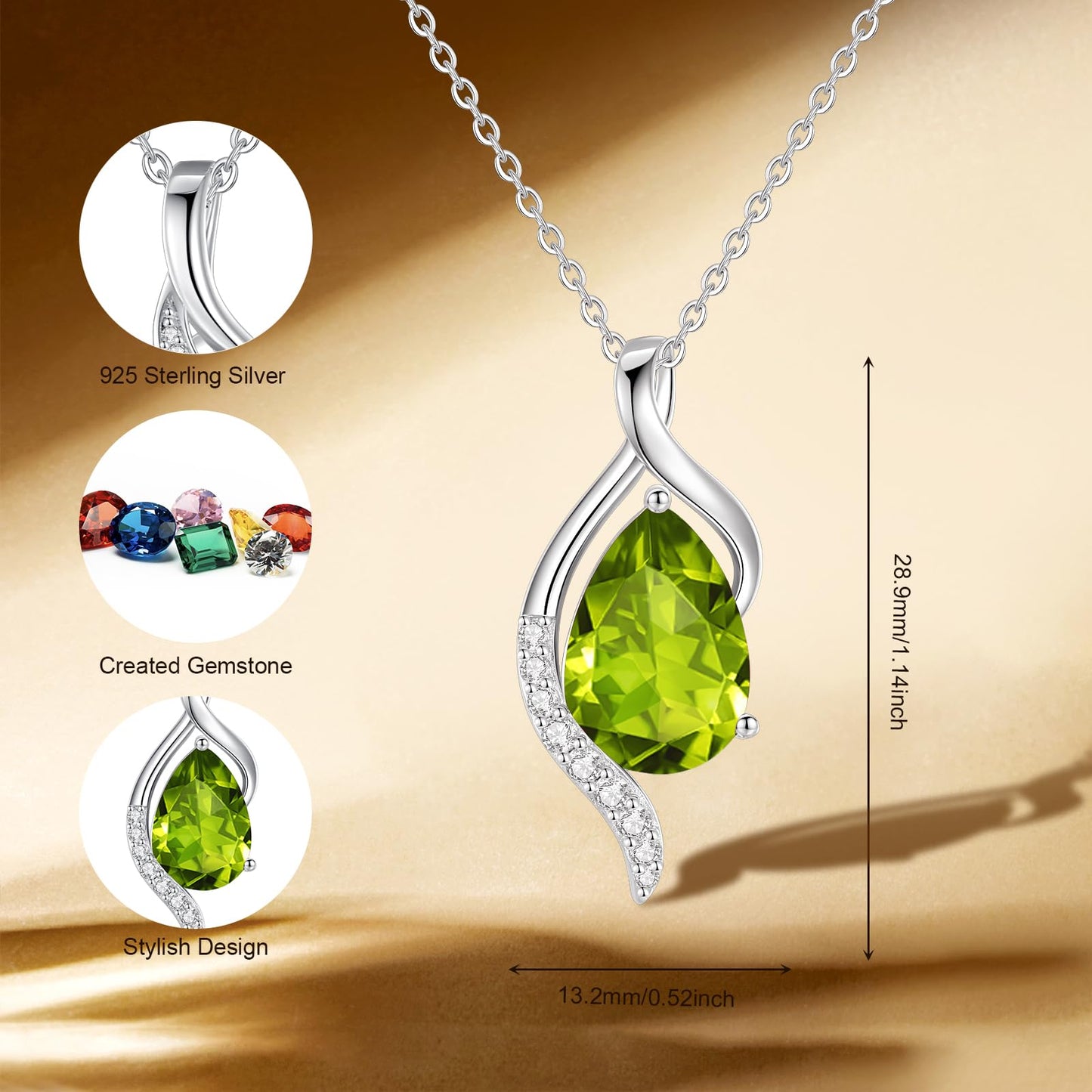 FANCIME August Birthstone Necklace for Women Teardrop Peridot Necklace S925 Sterling Silver Gentle Love Birthday Gifts for Mom Women, 16"+2" Inches