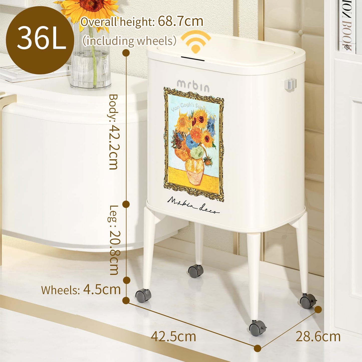 MRBIN Metal Motion Sensor Kitchen Trash Can with Wheel Legs, 36L / 9.5gal Medium Press Lid Slim Waste Basket, Pet Proof Tall Narrow Garbage Pail for Vanity, Bedroom, Bathroom, Living Room, Sunflower