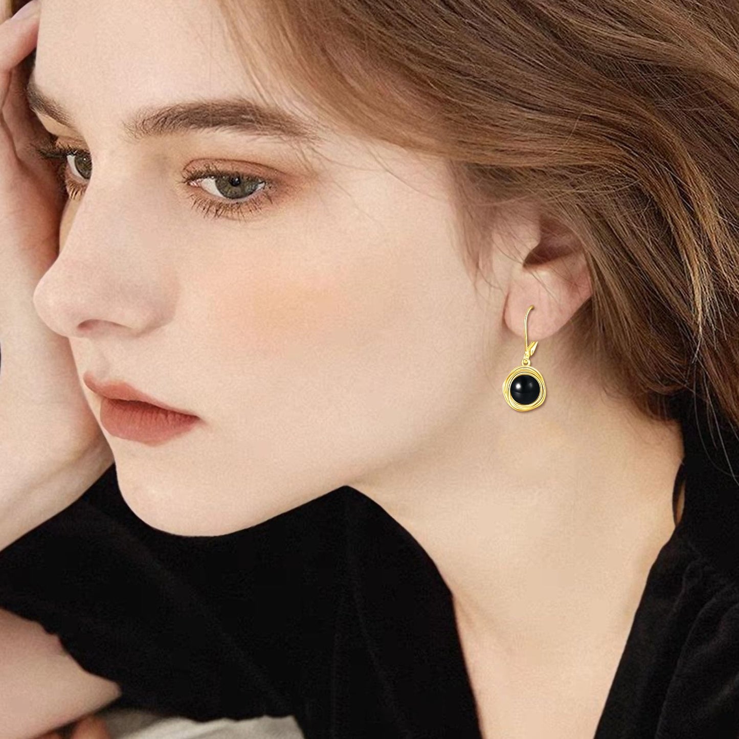 POPLYKE Black Onyx Dangle Earrings 18K Gold Plated 925 Sterling Silver Black Onyx Jewelry Gifts Birthday Gemstone Leverback Earrings for Women Hypoallergenic