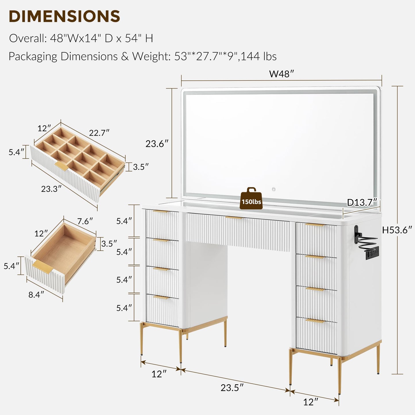 T4TREAM 48" Fluted Makeup Vanity Desk with 48" Large Mirror and HD LED Lights, Modern Vanity Table with 9 Drawers & Charging Station, Glass Top and Golden Handles Dressing Table for Bedroom, White