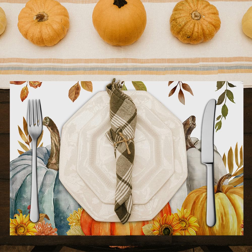50 Pack Pumpkin Leaves Paper Placemats Fall Autumn Harvest Paper Placemats 10x14 Inch Seasonal Autumn Thanksgiving Disposable Placemat for Holiday Farmhouse Indoor Outdoor Home Party Dining Decoration