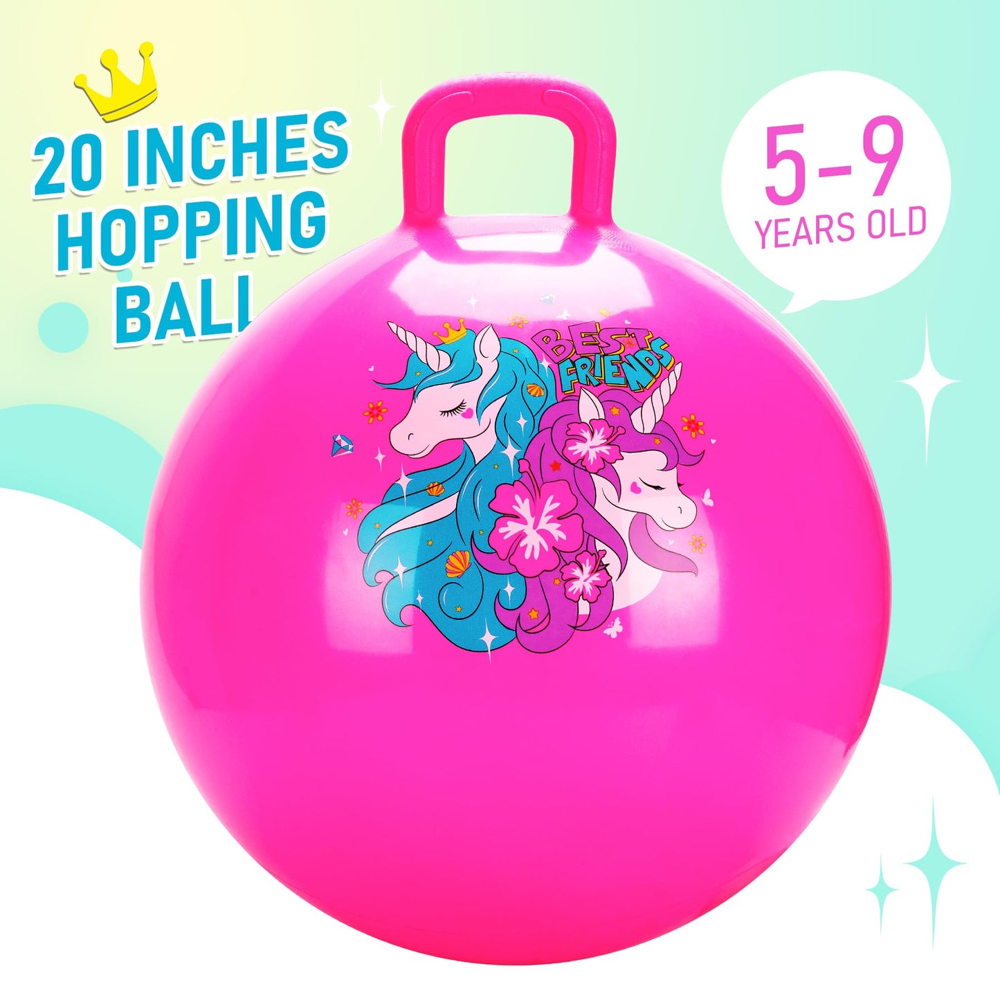 U&C Planet Hopper Ball 20 inches Bouncy Ball with Handle for Kids Age 5 6 7 8 9, Sit on Bounce Jumping Hopping Toy with Pump, Great Toddler Girls Toys for Birthday Gifts, Pink Unicorn