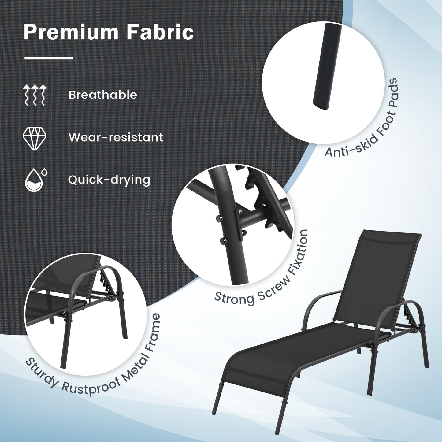 Giantex Patio Lounge Chair, Outdoor Chaise Lounge with 5 Adjustable Backrest, Sturdy Steel Frame, Sunbathing Recliner, Beach Chair, Tanning Chair for Outside, Yard, Balcony, Pool Chairs, Black