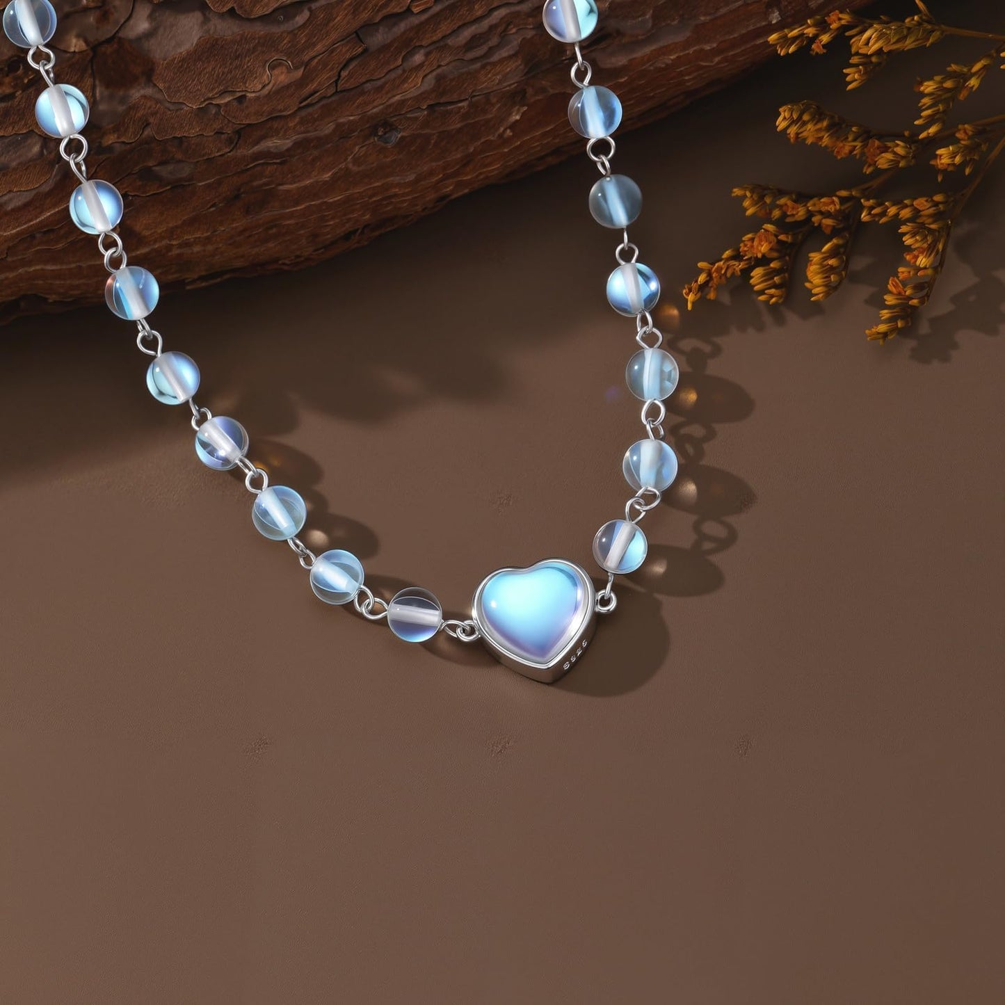 OUTANG Moonstone Beaded Necklace for Women 925 Sterling Silver Heart Choker Necklace Ladies Jewelry Gifts