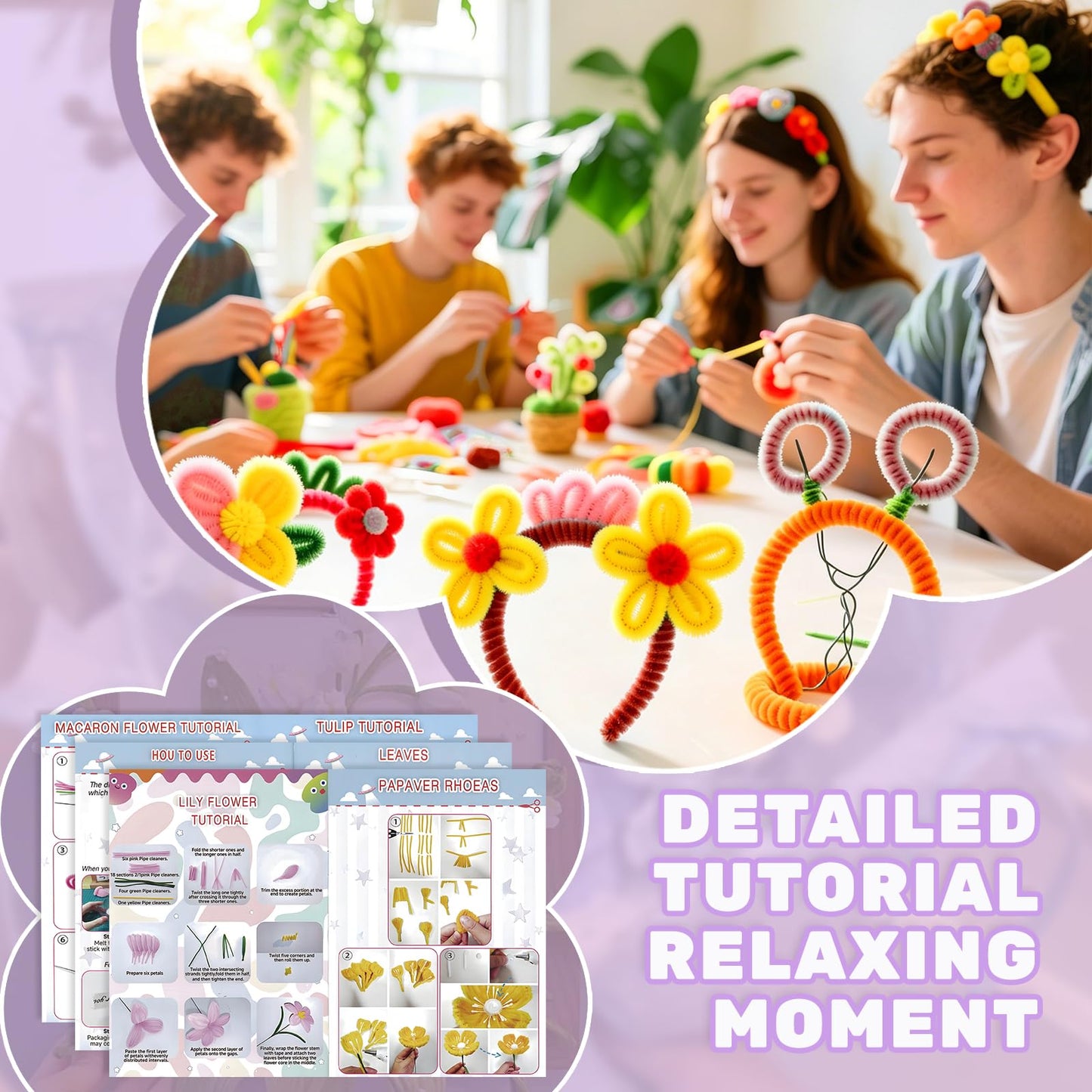 1200PCS Pipe Cleaners Craft, Pipe Cleaner Flower Kit with Instruction, 14 Colors Chenille Stems Flower Making Kit with Stamen, Tape, Floral Wrapping Paper and Ribbon for Arts DIY Craft Supplies ﻿